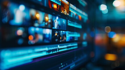 Blurred close-up of a computer monitor displaying video editing software, depicting the creative process of digital media production.