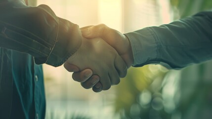 A firm handshake between two individuals in a sunlit environment, symbolizing a successful agreement.