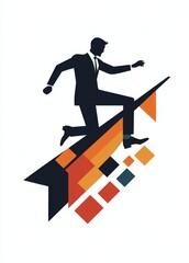 colorful geometric featuring a man in a suit climbing up ，arrow made of squares and rectangles against a solid white background