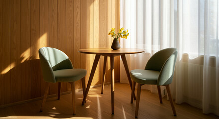 Fototapeta premium Table and chairs in cozy interior design with natural light and home decor