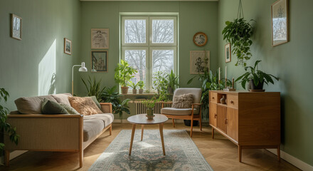 Fototapeta premium Living room with plants and modern interior design showcasing natural light and cozy decor