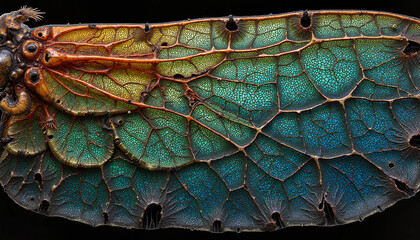 Detailed macro shot of an insect wing with vibrant colors and textures on a dark background