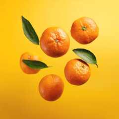Flying mandarin oranges on a bright yellow background