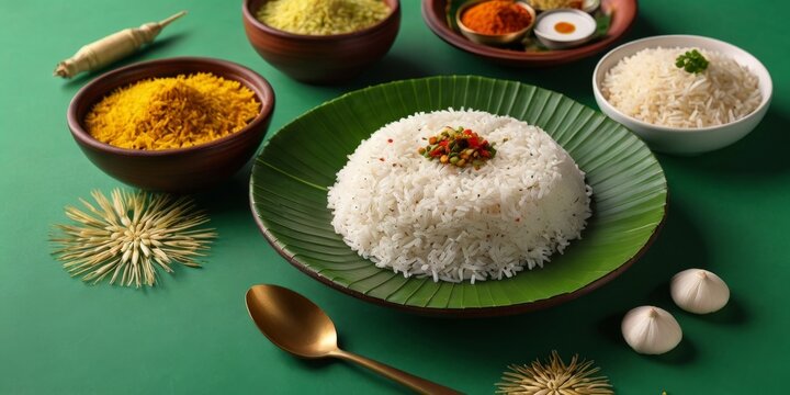 Delicious Aromatic Basmati Rice with Black Pepper and Fresh Mint Leaves, Served on a Green Plate Alongside Hard-Boiled Eggs with Spicy Curry, Turmeric Powder, and Wheat Stalks on a Green Background