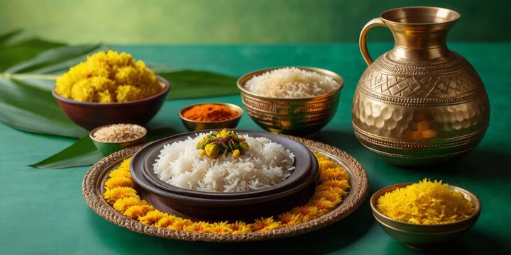 Authentic Indian Meal Featuring Fluffy White Basmati Rice, Hard-Boiled Eggs in a Vibrant Green Curry, Golden Turmeric Powder, and Wheat Stalks, Arranged Artistically on a Green Surface