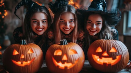 Fototapeta premium Halloween Celebrations with Witches and Pumpkins in an Autumn Forest Setting