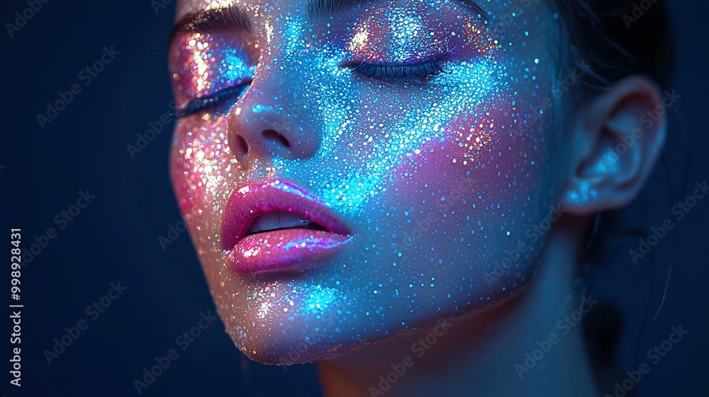 Sticker   A woman with blue and pink makeup and glitter on her face, with her eyes closed