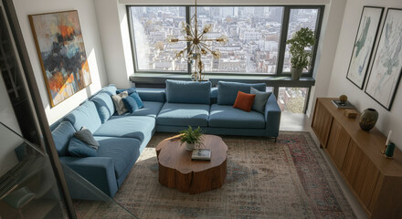 Fototapeta premium Living room with modern interior design and stunning city view showcasing stylish furniture cozy decor and bright ambiance