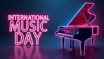 A neon-lit grand piano stands beside the glowing text "International Music Day," creating a vibrant and modern celebration of music.


