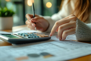 Fototapeta premium Deduction planning, debt asian young woman hand using calculator to calculating money balance from bill and income, cost budget expenses for pay money form personal individual on table at home