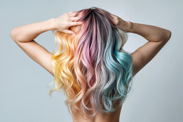 Fototapeta premium Woman with vibrant multicolored hair showcasing pastel rainbow dye trend, hands raised to head, back view on light background