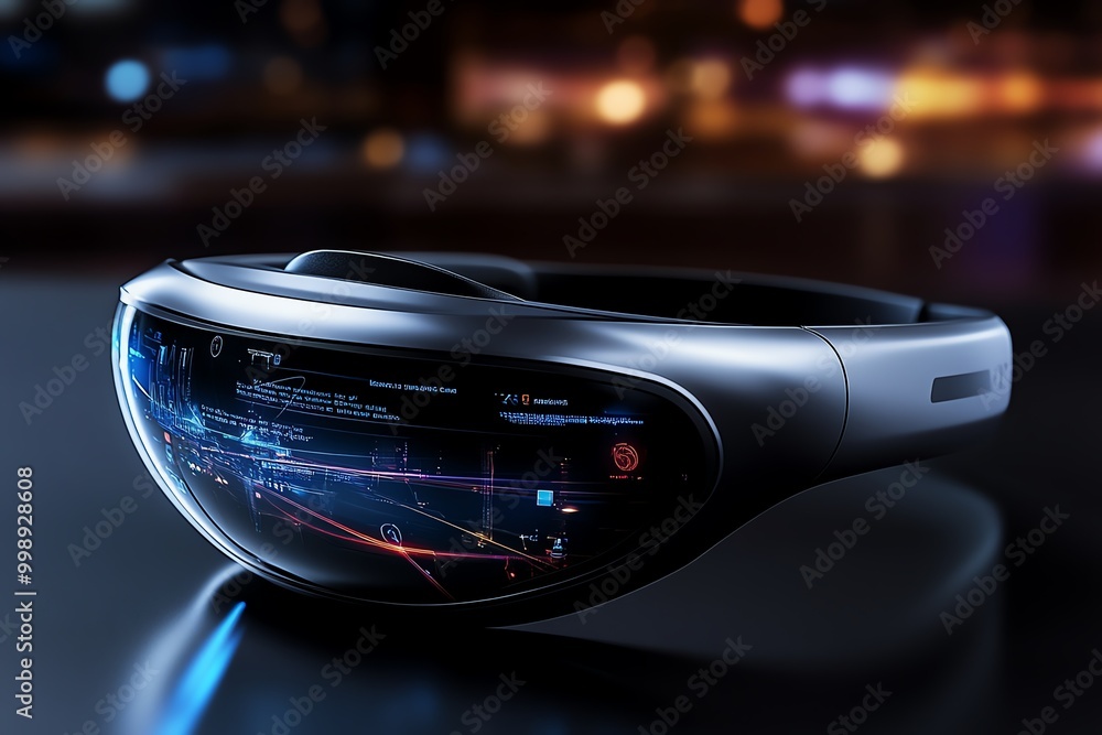 Poster Minimal design of an AR headset, showing sleek lines representing the device overlaying digital information on a real-world scene