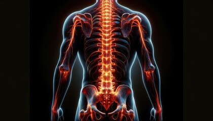 medical illustration in a wide format that shows a human figure from the back with the spine and pelvis highlighted in glowing red