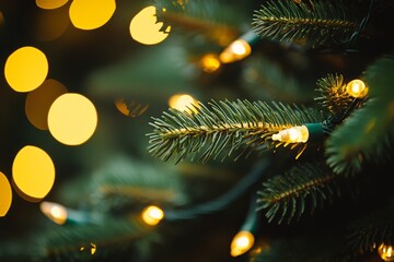 Close-up of a Christmas tree branch adorned with golden lights, blurred festive bokeh background, capturing the glow of holiday cheer and warmth in a natural, outdoor setting.