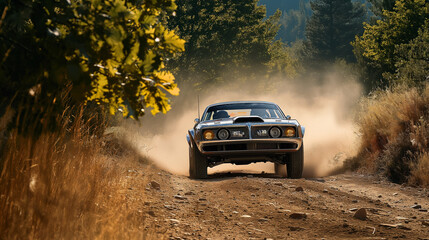Obraz premium Old rally car on the road, splashing the dirt in racing scene in the forest