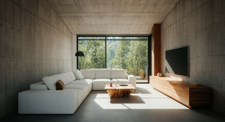 Living room with modern interior design and large windows showcasing nature view