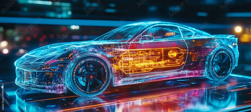 Poster a holographic display of a futuristic car with interactive features