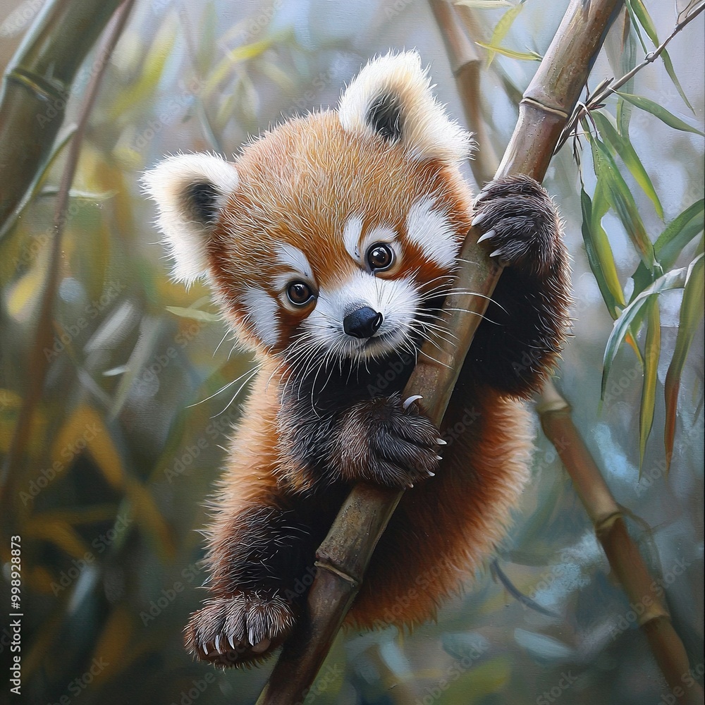 Wall mural   Red panda cub climbing bamboo tree