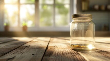 Glass Jar on Rustic Wooden Table with Sunlight
