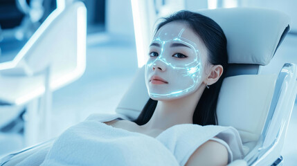 Woman enjoying futuristic led ai face mask treatment in modern beauty salon for skincare innovation cosmetic