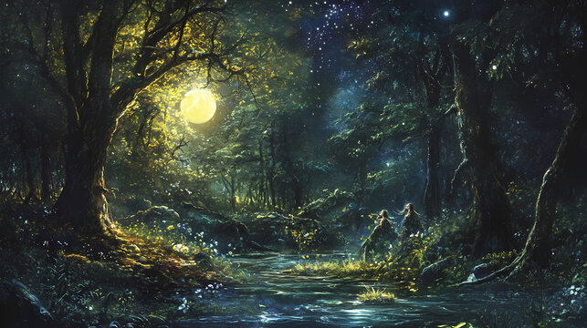 A moonlit glade deep in the heart of the forest, where nymphs and dryads dance beneath the stars, their laughter mingling with the rustle of leaves and the murmuring of streams. Dryad. Illustration