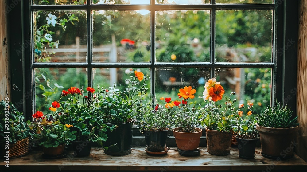 Canvas Prints   A sill with plants adjacent to a window view of a garden