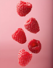 Flying red raspberries on pastel pink background