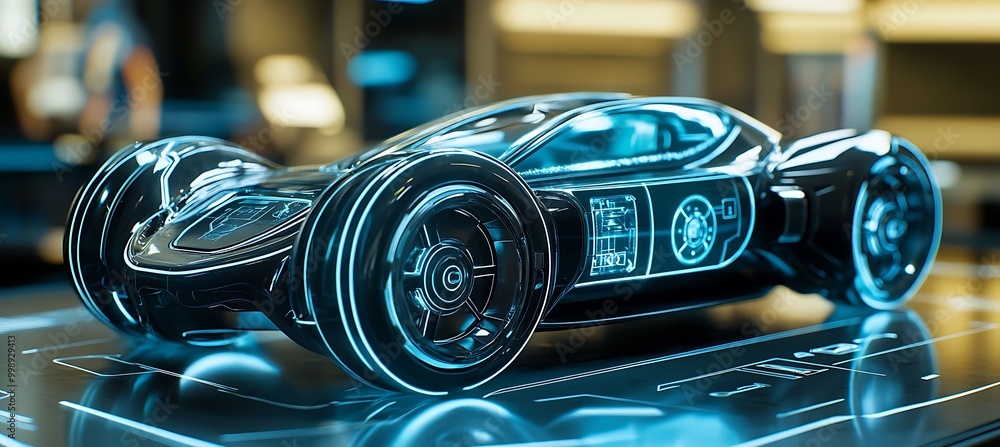 Poster a holographic display of a futuristic car with interactive features