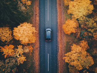 A serene autumn drive along a winding road lined with vibrant orange and yellow trees showcases nature's seasonal transformation