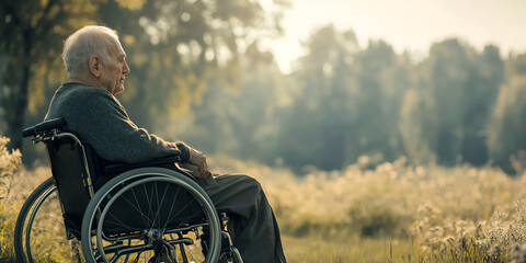 Elderly man sitting in a wheelchair in a peaceful field, enjoying the calmness of nature and the surrounding greenery