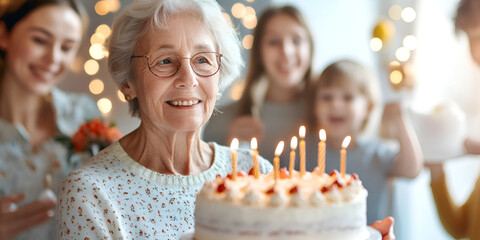 Elderly woman celebrating her birthday surrounded by family, holding a cake with lit candles, smiling happily