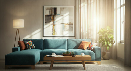 Living room with cozy interior modern decor and natural light creating a warm atmosphere