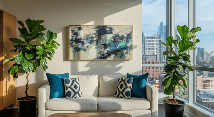 Sofa in modern living room with interior design and greenery