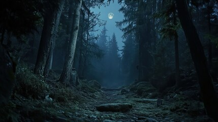 Fototapeta premium Moonlit Path Through a Foggy Forest