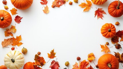 Fototapeta premium Autumn decor with pumpkins and leaves on a white background space for text