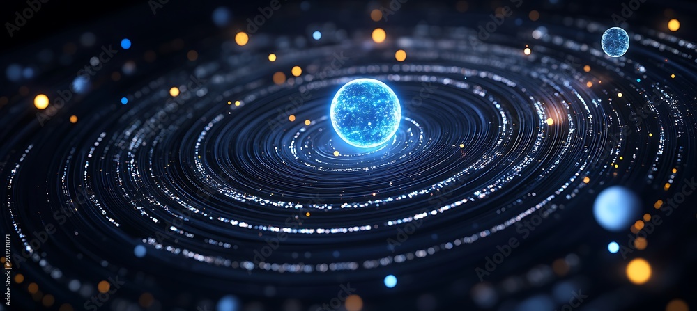 Poster a holographic display of a planetary system with orbits and planets rotating