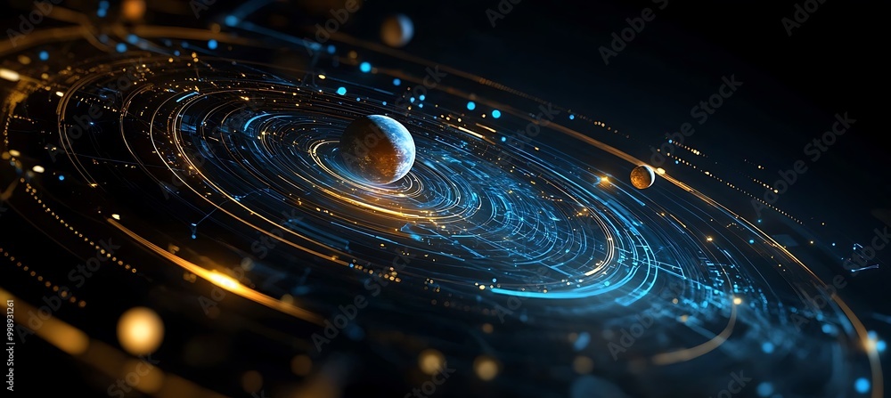 Poster a holographic display of a planetary system with orbits and planets rotating