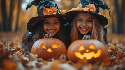 Fototapeta premium Halloween Celebrations with Witches and Pumpkins in an Autumn Forest Setting