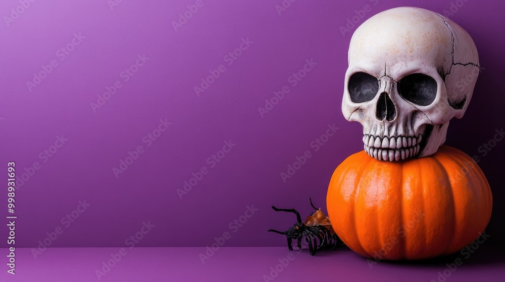 Canvas Prints Halloween decorations featuring a skull and pumpkin on a purple background with space for text