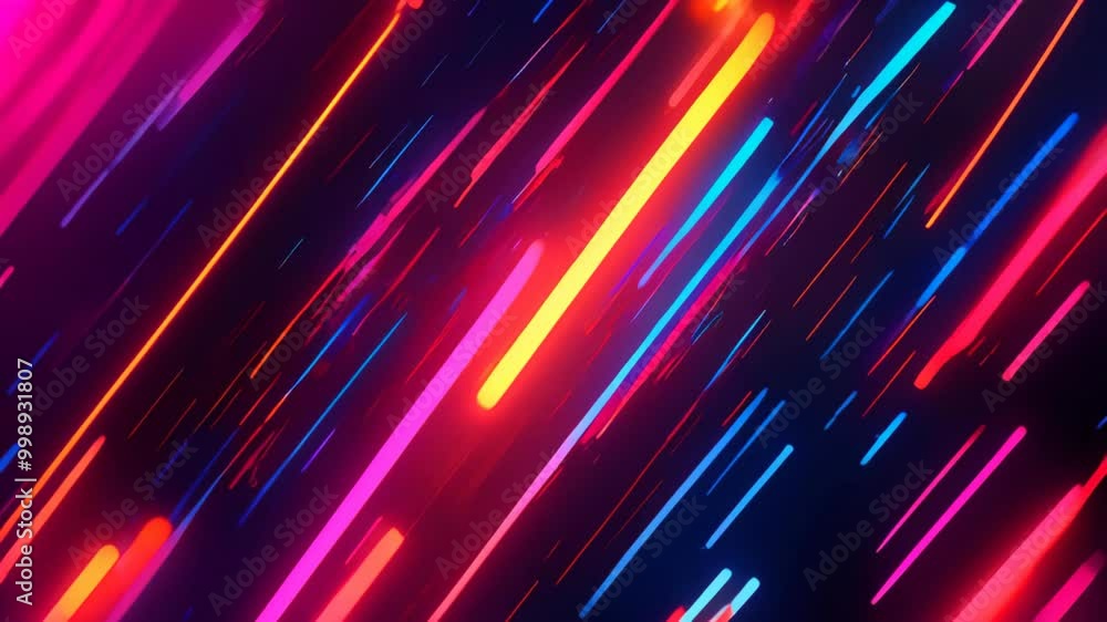 Poster futuristic abstract digital art: dynamic diagonal lines in pink, blue, yellow, and red on a dark bac