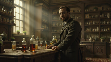 AI. Young chemist working in an outdated laboratory. Old laboratory of a medieval alchemist, with reagents and flasks. A vintage laboratory with old-fashioned glassware and shelves filled with books.