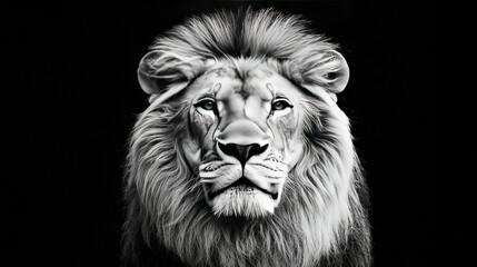 Fototapeta premium A monochrome image of a lion's face against a dark backdrop with the word Lion overlaid in white text