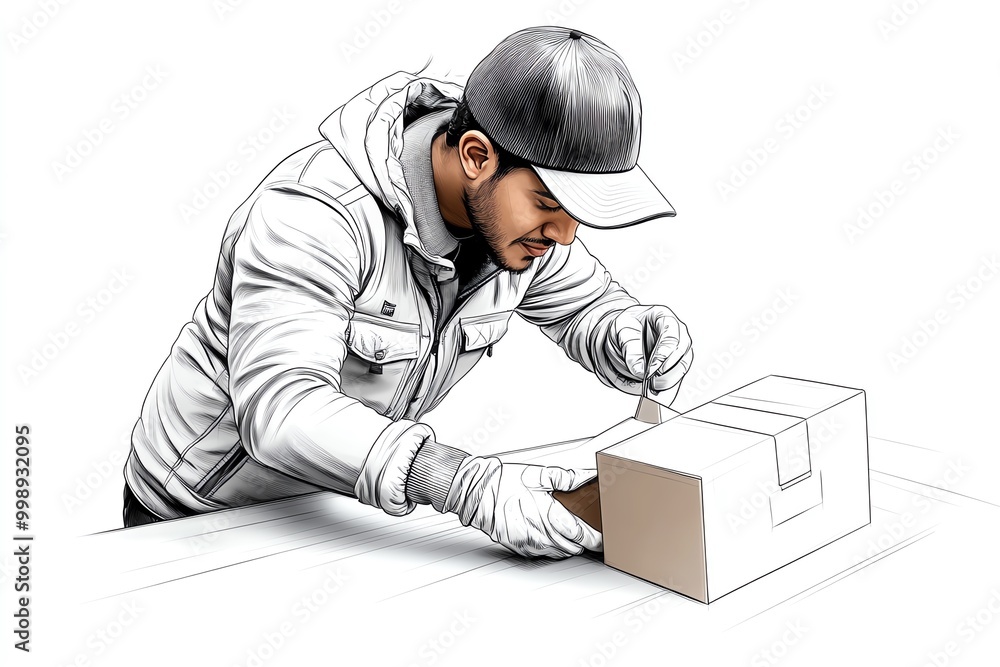 Poster minimal sketch of a consumer unpacking a delivery, with focus on the act of opening a box, rendered 