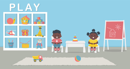 Obraz premium Cute Black Children Sitting on Chairs in the Kids' Room. Playroom Interior. Kids' Room in Blue Color. Cabinet with Toys, Blackboard, Table, Chairs, Rug. Vector Illustration