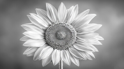  A monochromatic image of a massive sunflower featuring a spiral pattern within its petals