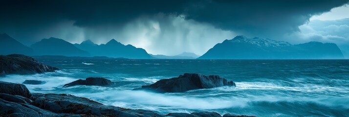 Obraz premium A stormy ocean with a rocky shoreline. The sky is dark and cloudy, and the waves are crashing against the rocks. Scene is intense and dramatic, with the stormy weather
