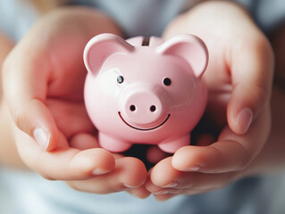 A joyful child holds a pink piggy bank while sitting on a cozy bed, emphasizing the importance of saving money at home