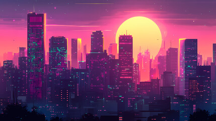 Cityscape with neon glow, vaporwave twilight. Vaporwave Aesthetic. Illustration