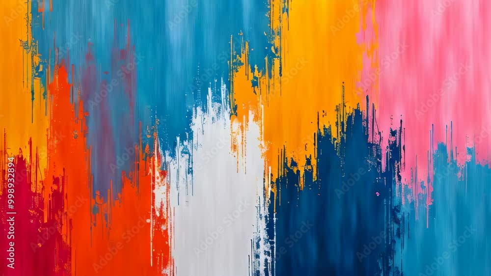 Poster dynamic horizontal abstract painting: vibrant blends of orange, blue, and pink with textures and spl