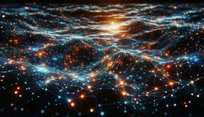 Obraz premium network of connections, depicted as a lattice of shimmering blue and orange lights against a dark background